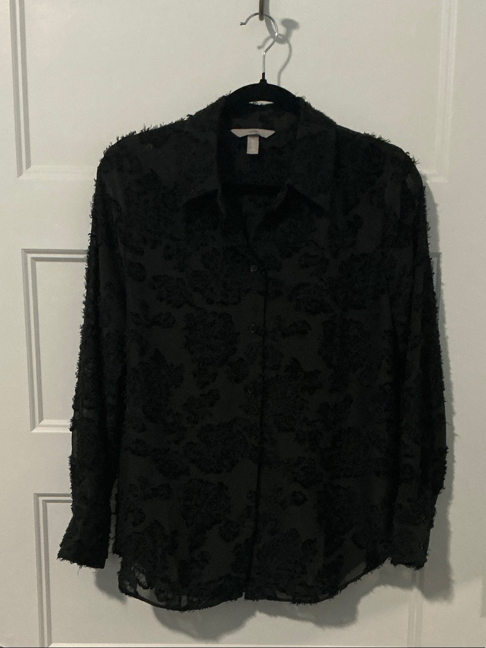 H&M Black Sheer Textured Floral Button-Up Blouse